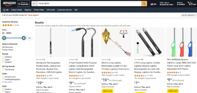 How to relight your pilot light gas heater safely: long lighter search results, screenshot from Amazon