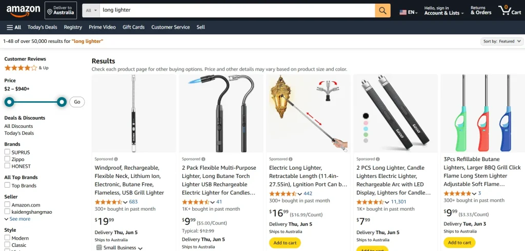 long lighter in online marketplace