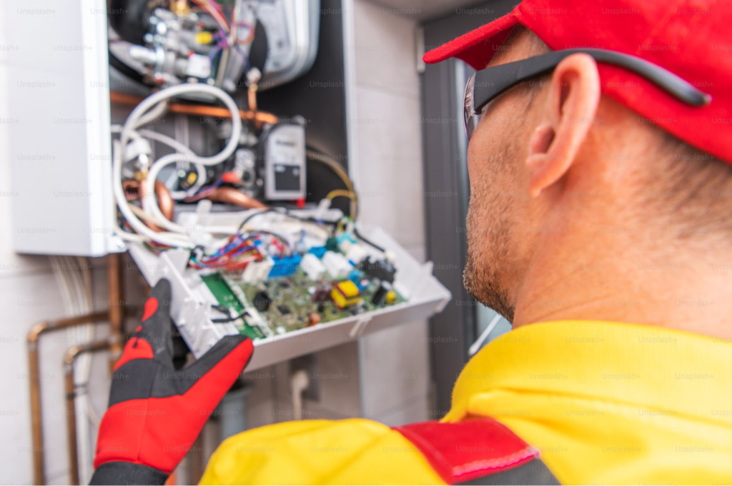 Gas leak repair: a plumber looking into the chords of a machine.