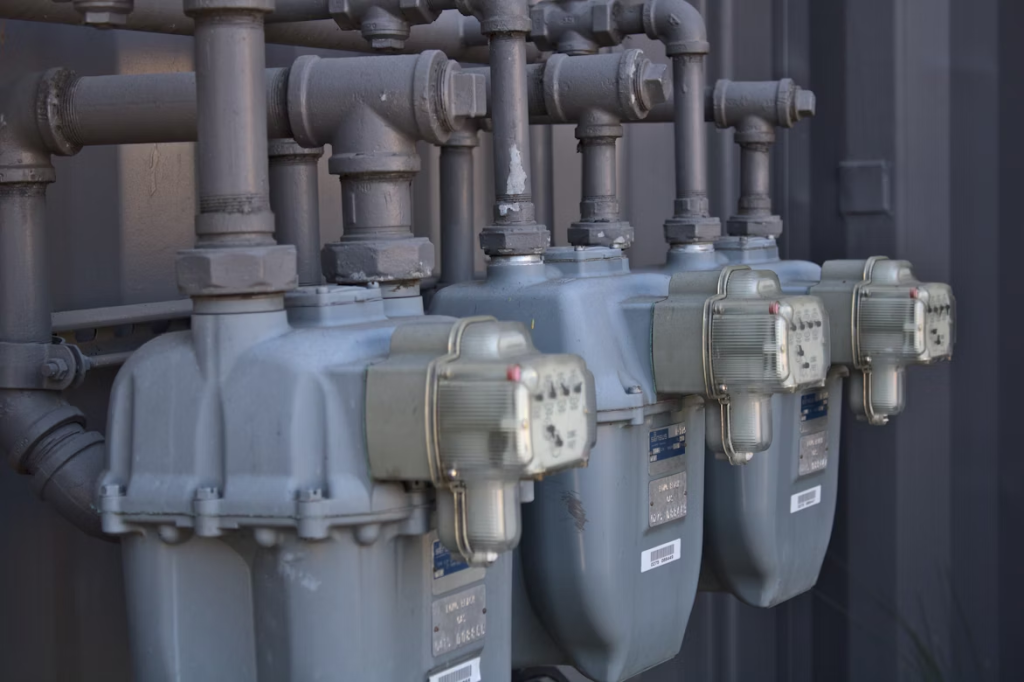 Gas meter leaking: restaurant utility meters.