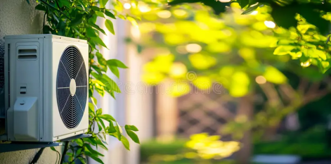 Why do heat pumps require a high amount servicing: a heat pump machine mounted to a wall with a green scenery in the background.