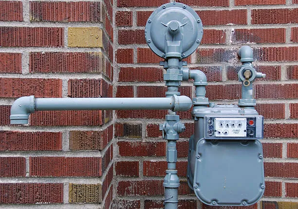 A gas meter attached to a brick wall, with pipes connecting to it, measures the natural gas used in the building