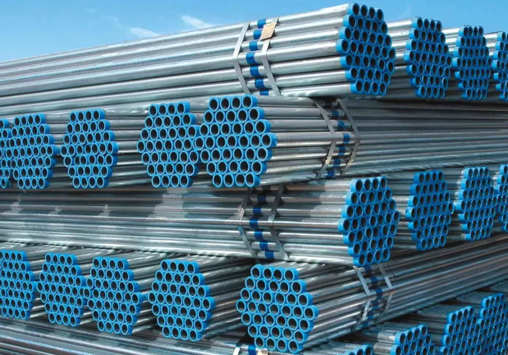 Another example of galvanised gas pipes sits in a warehouse