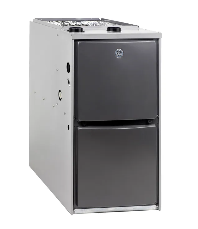 Two-stage gas furnace with dual vent ports and front access panels for efficient home heating