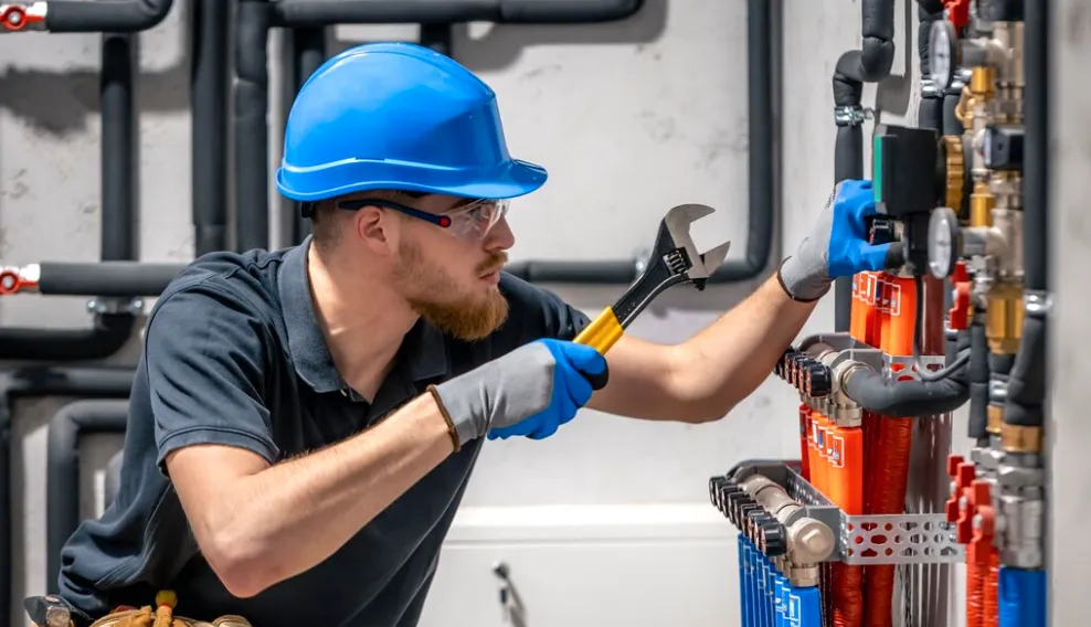 Professional technician inspecting pipes to address dangerous gas leak symptoms in a residential utility room