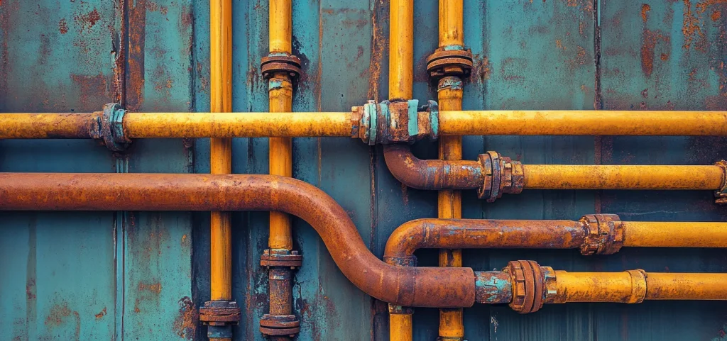 Rusty, corroded industrial pipes showing signs of wear that can lead to hazardous gas leak symptoms over time
