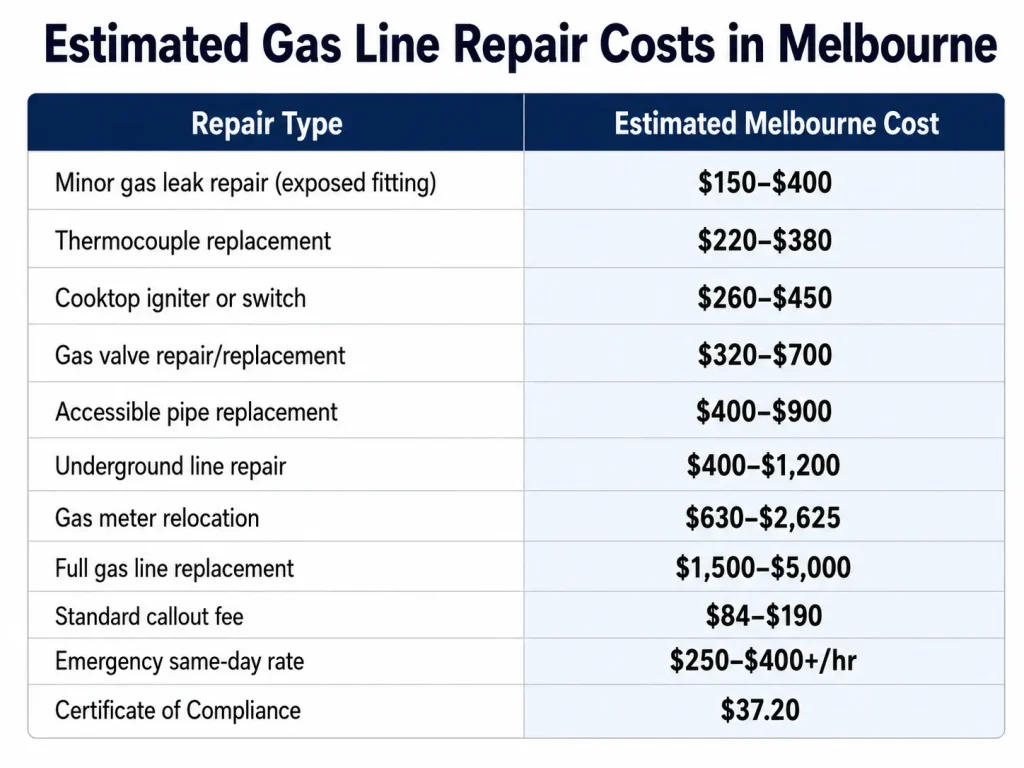 Estimated gas line repair costs in Melbourne chart