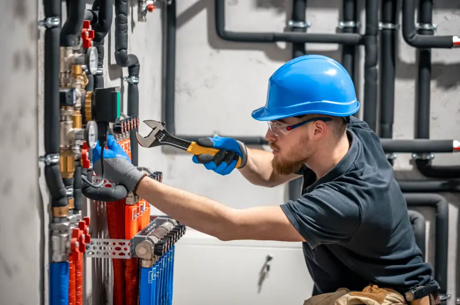 A gas plumber is working with a gas hot water issue