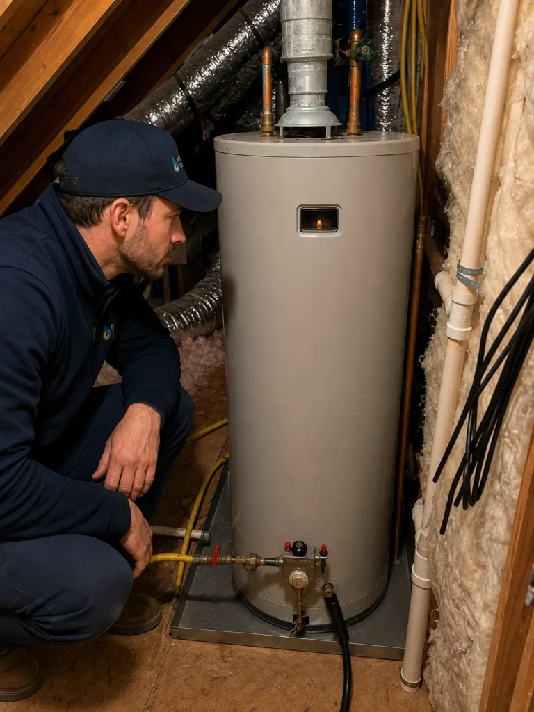 A technician is inspecting a gas hot water storage